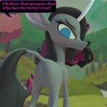 angry black_hair black_tail blue_eyes book butt butt_envy butt_focus dialogue female feral grey_body hair horn looking_back mane solo speech_bubble tail text unicornomicon kamimation mythology them's_fightin'_herds oleander_(tfh) classical_unicorn equid equine mammal mythological_creature mythological_equine unicorn 1:1 2023 3d_(artwork) blender_(artwork) digital_media_(artwork) hi_res