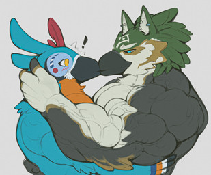 alternate_species anthro anthrofied beak biceps big_muscles black_body blue_body blue_feathers blush duo ear_piercing feather_markings feathers fur fur_markings green_body hug hugging_another kissing male male/male markings multicolored_body muscular muscular_anthro muscular_arms muscular_male orange_body orange_feathers pecs piercing red_body red_feathers trapezius vein veiny_muscles white_body white_feathers yellow_body mixterart breath_of_the_wild nintendo the_legend_of_zelda kass_(tloz) link_(wolf_form) avian bird canid canine canis hybrid mammal rito wolf hi_res
