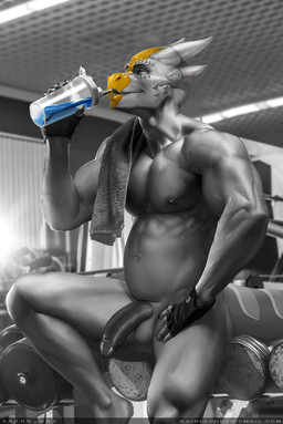 alcohol anthro balls beverage cocktail com erection exposed fano fanosaurus genitals gym hair horn male muscular nipples nude paint penis playful pose seductive solo sport teasing temptation towel hnz mythology dragon mythological_creature mythological_scalie scalie pinup spot_color
