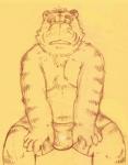 anthro bulge clothing humanoid_hands male simple_background sitting slightly_chubby solo underwear kondo_musashi musabo3neo felid mammal pantherine tiger 2017