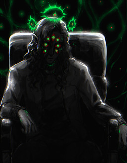 7_eyes chair clothed clothing curly_hair furniture glowing glowing_eyes hair humanoid_pointy_ears long_hair male multi_eye not_furry on_chair pointy_ears scar sitting sitting_on_chair solo topwear blackberreh the_magnus_archives beholding_(tma) jonathan_sims avatar_(tma) entity_(tma) humanoid mammal absurd_res digital_media_(artwork) hi_res