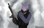 anthro blue_eyes clock clothing female gloves gun handwear ranged_weapon rifle simple_background smoke solo suit topwear vest watch weapon wristwatch misterfyrryman as_dusk_falls_a_new_dawn_rises fan_character mathilda_growley felid leopard mammal pantherine snow_leopard