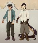 anthro clothed clothing duo forked_tongue gloves handwear hat headgear headwear male simple_background standing tongue tongue_out wristband fjorge human mammal reptile scalie snake hi_res