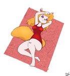 anthro bird's-eye_view clothing female high-angle_view looking_at_viewer lying on_back solo swimwear fantharubi animaniacs warner_brothers minerva_mink mammal mink mustelid musteline true_musteline hi_res