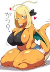 2024 accessory big_breasts biped black_clothing black_shirt black_tank_top black_topwear blonde_hair blue_eyes blush blush_lines breasts claws clothing cynthia_(pokemon) donbi dragon_tailclaws dragon_wings dragonite eyebrow_through_hair eyebrows female generation_1_pokemon generation_7_pokemon glistening glistening_body hair hair_accessory hand_on_breast hand_on_ground heart_symbol hi_res japanese_text jeans_shorts mouth_closed navel nintendo orange_body orange_tail pokemon pokemon_(species) pokemon_champion raised_tail salandit shirt simple_background sitting sitting_on_knees solo tail tank_top tendrils text thick_thighs topwear translucent translucent_hair white_background wings