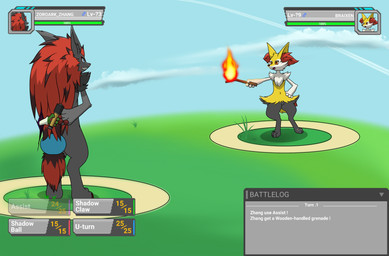 3_toes 4_fingers 4_toes ambiguous_gender anthro blue_eyes cloud duo ear_tuft elemental_manipulation explosives feet fingers fire fire_manipulation fur gameplay_mechanics grass grass_field green_body green_fur grenade grey_body grey_fur hair holding_object holding_stick inner_ear_fluff long_ears long_hair markings orange_eyes paws plant pokemon_battle pokemon_move red_hair sky skyscape stick tail tail_markings text text_box toes tuft weapon white_body white_fur yellow_body yellow_fur kyshan_(artist) nintendo pokemon braixen canid canine floragato generation_5_pokemon generation_6_pokemon generation_9_pokemon mammal pokemon_(species) zoroark absurd_res english_text hi_res female_(lore) male_(lore)