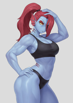 big_breasts blue_body bra breasts clothing eye_patch eyebrows eyelashes eyewear female frill_(anatomy) glistening glistening_body glistening_skin glistening_thighs hair hand_on_head hand_on_hip muscular muscular_female navel panties ponytail red_hair soft_abs solo sports_bra thick_thighs underwear meruzis undertale_(series) undyne animal_humanoid fish fish_humanoid humanoid marine marine_humanoid 2025 absurd_res digital_media_(artwork) hi_res