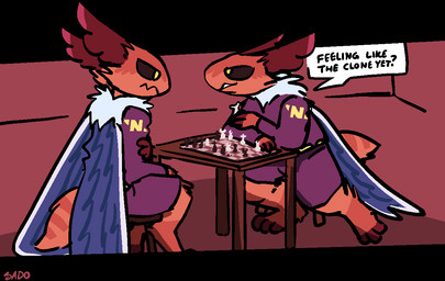 anthro back_wings blue_body chess chess_board chess_piece clone clothed clothing dialogue duo fur furniture male neck_tuft open_mouth sitting speech_bubble table tail text tuft wings bizart nanotrasen space_station_13 arthropod insect lepidopteran moth 2025 aliasing digital_media_(artwork) english_text