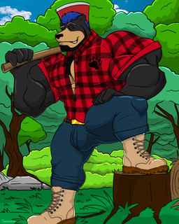 abs anthro axe barazoku beard big_muscles black_beard black_body black_facial_hair black_fur blue_hair body_hair bottomwear bulge chest_tuft clothed clothing denim denim_bottomwear denim_clothing facial_hair fluffy fluffy_chest footwear forest fully_clothed fur hair huge_muscles jeans lumberjack male male/male muscular open_clothing open_shirt open_topwear pants plant shirt smile smiling_at_viewer smirk smirking_at_viewer solo stump topwear tree trim tuft yellow_body yellow_fur xmonstadogx unknownbear bear black_bear mammal ursine 4:5 absurd_res hi_res