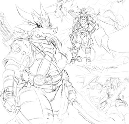 anthro arrow_(weapon) biped bow_(weapon) breasts duo female feral looking_at_viewer melee_weapon quadruped ranged_weapon smile sword weapon zerofox1000 mythology freida_(zerofox1000) dragon mythological_creature mythological_scalie scalie wingless_dragon 2015 monochrome signature