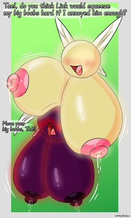 areola big_breasts black_areola black_nipples blush bodily_fluids boob_hat breasts crossgender duo exclamation_point female female/female huge_breasts hyper hyper_breasts lactating milk mtf_crossgender nipples open_mouth pink_areola pink_nipples purple_body question_mark speech_bubble text wings yellow_body ventshadows majora's_mask nintendo the_legend_of_zelda tael_(tloz) tatl_(tloz) fairy 3:5 absurd_res english_text hi_res incest_(lore) sibling_(lore) sister_(lore) sisters_(lore)