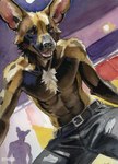 abs african_wild_dog anthro artist_name athletic belt bottomwear brown_eyes canid canine clothed clothing creeps detailed_background fur gouache_(artwork) male mammal open_mouth pants solo_focus teeth tongue topless topless_male traditional_media_(artwork) watercolor_(artwork)