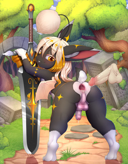 after_anal after_sex anal anus backsack balls bedroom_eyes bent_over black_body black_fur blush bodily_fluids butt cum cum_string disembodied_penis duo femboy flaccid foreskin forest fur gaping gaping_anus genital_fluids genitals golden_markings hair leaking_precum leaning leaning_forward leg_markings long_hair looking_back male male/male markings melee_weapon membrane_(anatomy) membranous_wings narrowed_eyes penetration penis perineum plant precum presenting presenting_hindquarters raised_tail seductive smile socks_(marking) solo_focus star_(marking) sword tail tree weapon white_body white_fur white_hair white_wings wings yellow_eyes dankflank final_fantasy square_enix felix_(moogle) mammal moogle absurd_res hi_res
