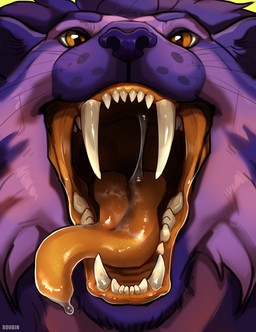 ambiguous_form ambiguous_gender big_fangs fangs front_view fur hair looking_at_viewer mouth_shot open_mouth orange_eyes orange_tongue pink_body pink_fur purple_body purple_fur purple_hair solo teeth text tongue whiskers roobin felid mammal artist_name bust_portrait hi_res portrait