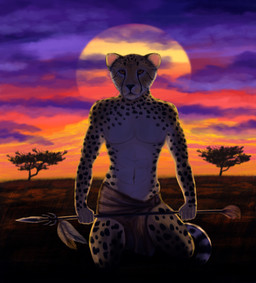 anthro black_nose cloud fur kneeling male markings melee_weapon multicolored_body multicolored_fur orange_eyes plant polearm romantic romantic_ambiance savanna sky skyscape solo spear spots spotted_body spotted_fur sun sunset tree weapon whiskers resarium cheetah felid feline mammal 2020 absurd_res digital_media_(artwork) hi_res