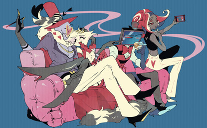 anthro chest_tuft clothed clothing electronics eyes_closed eyewear female footwear glasses group hat headgear headwear heart_glasses male phone screen screen_face shoes smoke tuft maruboku_b hazbin_hotel hellaverse angel_dust valentino_(hazbin_hotel) velvette_(hazbin_hotel) vox_(hazbin_hotel) arachnid arthropod demon demon_humanoid humanoid insect lepidopteran moth spider hi_res