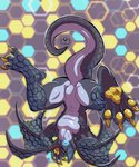 abstract_background anthro arms_above_head bent_legs blue_eyes front_view full_body_view hexagon hexagon_background hexagon_pattern_background legs_in_air legs_up looking_at_viewer male pawpads solo upside_down errokioslem capcom monster_hunter flying_wyvern nargacuga hi_res