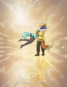 2_tails anthro black_body black_fur black_hair blue_body blue_fur blue_hair bright_light clothing cloud cyberpunk cyberpunk_clothes duo female fur hair holding_another hug hugging_another leggings legwear love male male/female markings multi_tail orange_body orange_fur partially_submerged peaceful peaceful_scenery pink_body pink_fur reflection standing_in_water standing_on_water striped_body striped_fur striped_markings stripes sun tail water eveartspot cd_projekt_red cyberpunk_2077 cyberpunk_edgerunners nintendo pokemon david_martinez jayson_bui jinora_valentine lucyna_kushinada ailurid buizel generation_4_pokemon mammal pokemon_(species) red_panda hi_res