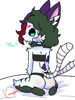 2_tails adolescent anthro bed blush bra butt choker clothing female fur furniture green_body green_eyes green_fur green_hair hair inner_ear_fluff jewelry kneeling looking_at_viewer looking_back markings mask multi_tail multicolored_body multicolored_fur multicolored_hair narrowed_eyes necklace on_bed panties pink_inner_ear purple_body purple_ears purple_fur purple_hair rear_view red_hair short_hair simple_background solo striped_markings striped_tail stripes tail tail_markings talking_to_viewer text tuft underwear wearing_mask white_background white_body white_fur white_inner_ear_fluff white_tail young young_anthro young_female conditional_dnp xammyxx demi_(xammyxx) domestic_cat felid feline felis mammal 2026 3:4 digital_media_(artwork) english_description english_text hi_res ibispaint_(artwork) shaded signature watermark