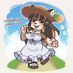 4_fingers 4_toes anthro big_breasts blonde_hair breasts brown_body brown_fur brown_hair claws clothing cloud detailed_background dress feet female finger_claws fingers footwear fur grass hair hat headgear headwear leaf multicolored_body multicolored_fur multicolored_hair open_mouth orange_eyes paw_symbol pawpads plant sandals shoes sky smile solo string_bow sun_hat text toe_claws toes trail white_body white_clothing white_dress white_fur shuyara chunithm chunithm_luminous sega sega_fave inuko_mimimi_(sega) canid canine canis domestic_dog mammal 1:1 2023 english_text