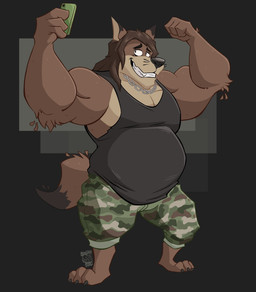 3_toes anthro belly black_claws black_clothing black_shirt black_tank_top black_topwear bottomwear brown_body brown_eyes brown_fur brown_hair camo camo_bottomwear camo_clothing camo_pants camo_print camo_shorts cargo_shorts chain chain_necklace claws clothing eyeliner fangs feet flexing flexing_bicep flexing_both_biceps flexing_muscles fur grin hair jewelry long_hair makeup male multicolored_body musclegut muscular necklace nipples overweight overweight_anthro overweight_male pants pattern_bottomwear pattern_clothing pattern_pants pattern_shorts pecs selfie shirt shorts smile solo tank_top teeth thick_arms toes topwear two_tone_body whiskers white_sclera stompsyeen hyke_(hykewolffen) hykewolffen canid canine canis mammal wolf digital_drawing_(artwork) digital_media_(artwork) hi_res
