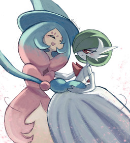 ambiguous/ambiguous ambiguous_gender blue_hair blush blush_lines dancing duo eyelashes green_pseudo_hair hair half-closed_eyes happy narrowed_eyes one_eye_obstructed open_mouth pseudo_hair red_eyes simple_background smile tan_body white_body dietranch nintendo pokemon gardevoir generation_3_pokemon generation_6_pokemon generation_8_pokemon hatterene humanoid mega_evolution mega_gardevoir pokemon_(species) 2026 hi_res signature