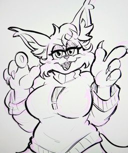 4_fingers anthro big_breasts breasts claws clothed clothed_anthro clothed_female clothing crossgender exclamation_point facial_tuft fangs female female_anthro fingers hair inner_ear_fluff looking_at_viewer mtf_crossgender narrowed_eyes open_mouth solo sweater teeth topwear tuft shyshyoctavia bubsy_(series) bubsy_bobcat bobcat felid feline lynx mammal 2026 absurd_res hi_res sketch