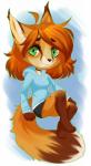 4_toes anthro brown_hair brown_nose chibi clothed clothing eyelashes feet female green_eyes hair hoodie long_ears looking_at_viewer simple_background smile solo sweater toes topwear aimi autumn_(praexon) canid canine fox mammal digital_media_(artwork) hi_res shaded