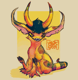 4_eyes ambiguous_gender evil_grin feral hooves horn long_ears multi_eye multicolored_body notched_ear original_design paws sitting smile solo two_tone_body mozagrin fantasy_creature digital_media_(artwork)