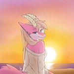 1:1 anthro blue_eyes breasts clothed clothing dragon female fur furred_dragon horn kpz-70_(artist) looking_at_viewer looking_back pink_body pink_fur seaside solo sunset