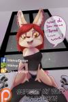 anthro clothed clothing dialogue duo female female_on_bottom female_on_top hair male on_bottom on_top patreon_logo red_hair shirt solo_focus text topwear underwear vikhop deviantart facebook furaffinity patreon canid canine canis lagomorph leporid mammal rabbit wolf 2017 2:3 absurd_res english_text hi_res