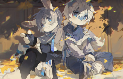 4_fingers 4_toes anthro autumn autumn_leaves bangs belt black_belt black_clothing black_gloves black_handwear blue_body blue_bottomwear blue_clothing blue_eyes blue_fur blue_pants blue_shorts blue_topwear bottomwear chest_tuft circle_eyebrows clothed clothing crop_top_overhang cropped_jacket cropped_sweater dipstick_ears discarded_footwear duo ear_markings eyebrow_through_hair eyebrows falling_leaves feet fence fingerless_gloves fingers folded_ears footwear fur gesture gloves grey_clothing grey_hair grey_hoodie grey_topwear hair hand_gesture handwear hoodie jacket latex latex_clothing latex_leggings latex_legwear leaf leaves_on_ground leggings legwear long_ears looking_at_viewer male multicolored_body multicolored_ears multicolored_fur outside pants pattern_clothing pattern_jacket pattern_topwear paws pink_inner_ear pockets rabbit_ears shadow shoes shorts sneakers stirrup_legwear straps streetwear striped_clothing striped_jacket striped_topwear stripes tail techwear toes topwear translucent translucent_hair tuft two_tone_body two_tone_fur white_body white_ears white_fur white_hair white_paws yellow_ear_tips young young_anthro young_male moyansalt canid canine canis domestic_dog lagomorph leporid mammal rabbit hi_res