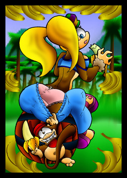 anthro banana big_butt black_border blonde_hair border bottomless breasts butt clothed clothing duo female food fruit hair holding_food holding_object panties plant size_difference slightly_chubby tail underwear virus-20 donkey_kong_(series) nintendo diddy_kong tiny_kong haplorhine kong mammal monkey primate 2009 digital_media_(artwork)