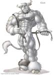 abs anthro belt biceps big_feet big_muscles biped blue_eyes feet flaccid foreskin fur genitals grey_body grey_fur grey_hair hair hooves horn male muscular muscular_anthro muscular_male nipples partially_retracted_foreskin pecs penis ring smile solo standing tail tail_tuft triceps tuft vein veiny_penis braford gus_(braford) bovid bovine cattle mammal traditional_media_(artwork)