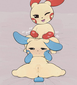 anthro beady_eyes bed bedding bedroom_eyes between_legs blush blush_stickers bodily_fluids body_blush contact_onomatopoeia duo embarrassed eyelashes female furniture genitals hand_on_face headpat impact_onomatopoeia inviting_to_sex long_ears looking_aside looking_at_viewer lying lying_on_bed narrowed_eyes on_bed onomatopoeia open_mouth patting pivoted_ears plump_labia presenting presenting_vulva seductive simple_background sitting sitting_on_bed sound_effects spread_legs spreading sweat tail text thick_eyelashes tongue vulva vulva_blush yellow_body plinkgrn nintendo pokemon generation_3_pokemon minun plusle pokemon_(species) hi_res