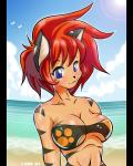 beach big_breasts bikini black_bars black_stripes blue_eyes breasts clothed clothing detailed_background female fur hair orange_body orange_fur outside red_hair sand seaside sky smile solo stripes swimwear two-piece_swimsuit water nekonny caribbean_blue tina_(caribbean_blue) animal_humanoid felid felid_humanoid human humanoid mammal mammal_humanoid pantherine pantherine_humanoid tiger tiger_humanoid 4:5 pillarbox