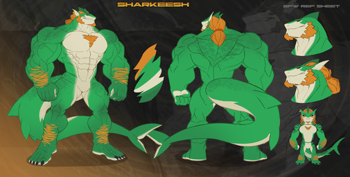 4_toes 5_fingers abs anthro arm_hair barefoot biceps black_sclera body_hair broad_shoulders chest_hair chest_tuft chibi claws facial_hair feet fin fingers fish_tail forearms front_view goatee green_body hair leg_hair long_arms long_hair long_tail male markings multicolored_body muscular muscular_anthro muscular_arms muscular_chest muscular_legs muscular_male mutton_chops neck_muscles no_genitals orange_hair pecs pointy_ears ponytail rear_view red_eyes shark_fin side_view simple_background solo spots spotted_body spotted_markings spotted_tail tail tail_markings tan_body text thick_arms thick_forearms thick_neck thick_tail toe_claws toes tuft internaledge rakeesh aquatic fish shark 2024 digital_media_(artwork) english_text headshot_portrait hi_res model_sheet portrait