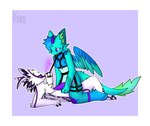 anthro big_tail blue_body blue_fur blue_hair breasts cheek_tuft collar duo facial_tuft feathered_wings feathers fluffy fur genitals gynomorph hair harness harness_only harness_ring horn inner_ear_fluff intersex intersex/male knot_sitting leash leash_pull looking_at_another lying lying_on_ground male on_back on_ground on_lap penetration penile penile_penetration penis penis_on_belly purple_eyes seductive sitting sitting_on_another sitting_on_lap smile tail tail_tuft tapering_penis tuft wings x-ray_vision kyaro mythology lenuto angel_dragon avali dragon furred_dragon furred_scalie mythological_creature mythological_scalie scalie hi_res