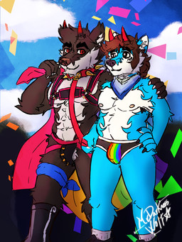 anthro briefs clothed clothing collar duo jockstrap lgbt_pride male male/male pride_color_accessory pride_color_clothing pride_color_flag pride_colors skimpy spiked_collar spikes underwear mrdarknesswolf dantalos mrdarknesswolf_(character) canid canine canis demon hybrid mammal wolf 3:4 hi_res
