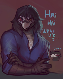 anthro black_body black_feathers black_hair black_skin dialogue drugs feathers hair half-closed_eyes male marijuana marijuana_blunt narrowed_eyes open_mouth open_smile smile solo text white_body white_feathers diadorin pisces_(diadorin) avian bird absurd_res english_text hi_res