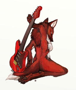 anthro biped electric_guitar female fur guitar handpaw kneeling musical_instrument nude paws plucked_string_instrument red_body red_fur solo string_instrument tail pira canid canine mammal maned_wolf