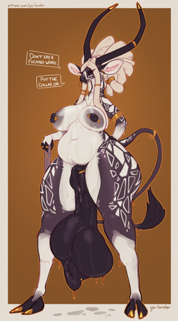 abdominal_bulge animal_genitalia animal_penis anthro armband balls big_balls bodily_fluids bovid_horn breasts cloven_hooves collar command equine_genitalia equine_penis furgonomic_piercing furgonomics genital_piercing genitals gold_(metal) gynomorph hair holding_collar holding_object hooves horn huge_balls hyper hyper_balls hyper_genitalia intersex jewelry long_horn multicolored_body multicolored_skin nipple_piercing nipples nude penis piercing profanity saggy_balls scrotum_flap scrotum_piercing sheath sheath_piercing simple_background slightly_chubby solo speech_bubble standing sweat sweat_drip tail text two_tone_body two_tone_skin white_hair yo-lander tess_(yo-lander) giraffe giraffid mammal absurd_res english_text hi_res signature url