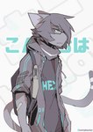 ambiguous_gender anthro backpack band-aid bandage blue_eyes clothed clothed_anthro clothing eyebrow_through_hair eyebrows eyewear fur glasses glitch grey_body grey_clothing grey_fur grey_hair grey_topwear hair mouth_closed number_on_topwear solo tail text text_on_clothing text_on_topwear topwear translucent translucent_hair wearing_glasses notglacier silvermist_(notglacier) domestic_cat felid feline felis mammal absurd_res artist_name chromatic_aberration english_description english_text half-length_portrait hi_res portrait male_(lore)