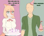 anthro bald biped birthday birthday_cake blonde_hair blush bone_frill bow_tie breasts cake candle clothed clothed_anthro clothed_female clothed_human clothed_male clothing dessert dialogue duo eyebrow_through_hair eyebrows eyewear featureless_face female fingers food frill_(anatomy) front_view glasses green_clothing green_eyes green_jacket green_shirt green_topwear hair holding_object humanoid_hands jacket male male/female medium_breasts medium_hair multicolored_body multicolored_scales non-mammal_breasts open_clothing open_jacket open_topwear orange_body orange_scales raised_eyebrows red_bow_tie scales shirt simple_background smile spiked_tail spikes spikes_(anatomy) standing tail talking_to_another text topwear translucent translucent_hair two_tone_body two_tone_scales white_body white_scales magosombra cavemanon_studios goodbye_volcano_high snoot_game anon_(snoot_game) naomi_(gvh) dinosaur hadrosaurid human mammal ornithischian ornithopod parasaurolophus prehistoric_species reptile scalie 2024 artist_name colored half-length_portrait hi_res portrait spanish_text translated