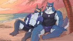 anthro beach_background clothing collar duo eyewear male male/male shirt sunglasses tank_top topwear wulfer-shepherd dislyte lilith_games freddy_(dislyte) sander_(dislyte) anubian_jackal canid canine canis jackal mammal wolf hi_res