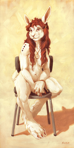 4_toes 5_fingers anthro arm_tattoo auburn_hair breasts clock clubs_(suit) convenient_censorship diamonds_(suit) feet female fingers fur hair hair_covering_breasts heart_symbol hearts_(suit) hindpaw humanoid_hands key navel nude nude_anthro nude_female paws pocketwatch pose red_eyes red_hair scut_tail short_tail shoulder_tattoo sitting solo spades_(suit) suit_symbol tail tattoo toes watch white_body white_fur scale_(artist) lagomorph leporid mammal rabbit 2026 hi_res painting_(artwork)
