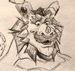 anthro facial_hair facial_piercing frill_(anatomy) furgonomics furry-specific_piercing horn horn_piercing male membrane_(anatomy) membranous_frill mustache nose_piercing nose_ring open_mouth piercing ring_piercing smile solo polartoons activision mythology spyro_reignited_trilogy spyro_the_dragon gavin_(spyro) rescued_dragons_(spyro) dragon mythological_creature mythological_scalie scalie hi_res traditional_media_(artwork)