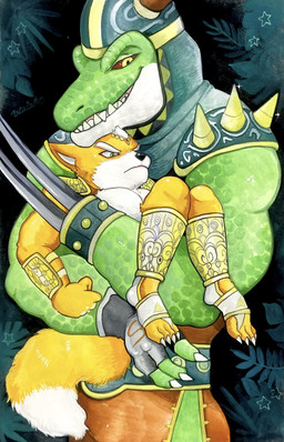 anthro carrying_another clothing cradling duo eyebrows fur green_body green_eyes harem_outfit male male/male orange_body orange_fur red_sclera size_difference yellow_eyes ulala_ko nintendo star_fox fox_mccloud general_scales canid canine fox mammal scalie sharpclaw_(star_fox) hi_res