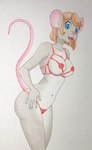 anthro blonde_hair blue_eyes bra clothing female fur grey_body grey_fur hair lace_panties lingerie panties red_clothing red_lingerie solo underwear 1000punches mitz mammal mouse murid murine rodent absurd_res hi_res