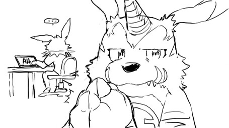 anthro chair claws clothed clothing computer duo electronics ellipsis fur furniture horn laptop male shirt simple_background topwear white_background dahecksajerry bandai_namco digimon nintendo pokemon digimon_(species) eeveelution gabumon generation_1_pokemon jolteon pokemon_(species) 16:9 monochrome widescreen
